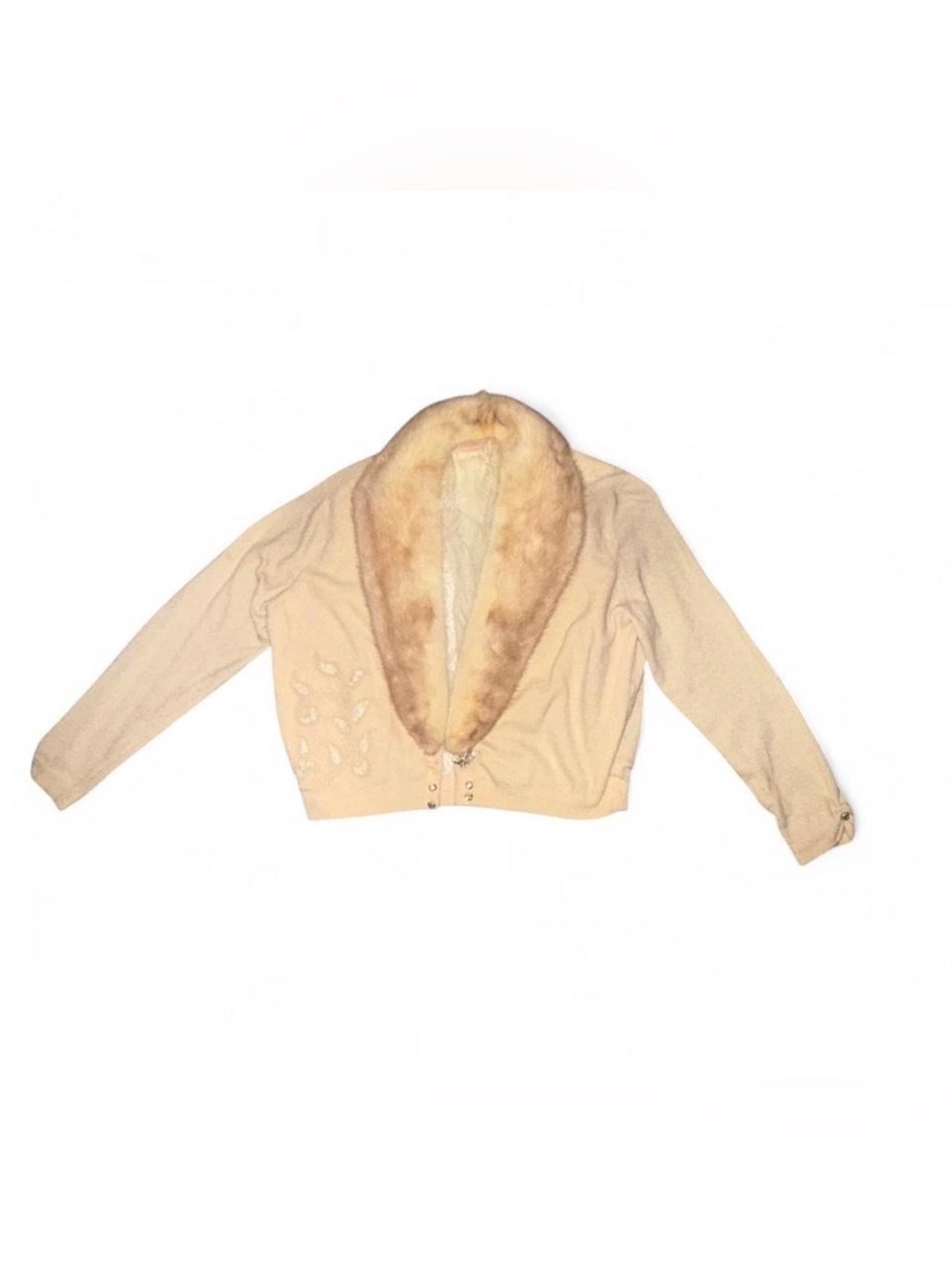 1950s True Vintage Cream Mink Fur Collar Cropped 100% Cashmere Jacket With Lace